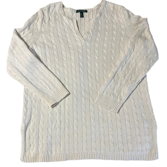 Lauren Ralph Lauren Ivory Cable Knit Pullover Sweater Size 2X Heavy V-Neck Prep - Picture 1 of 8